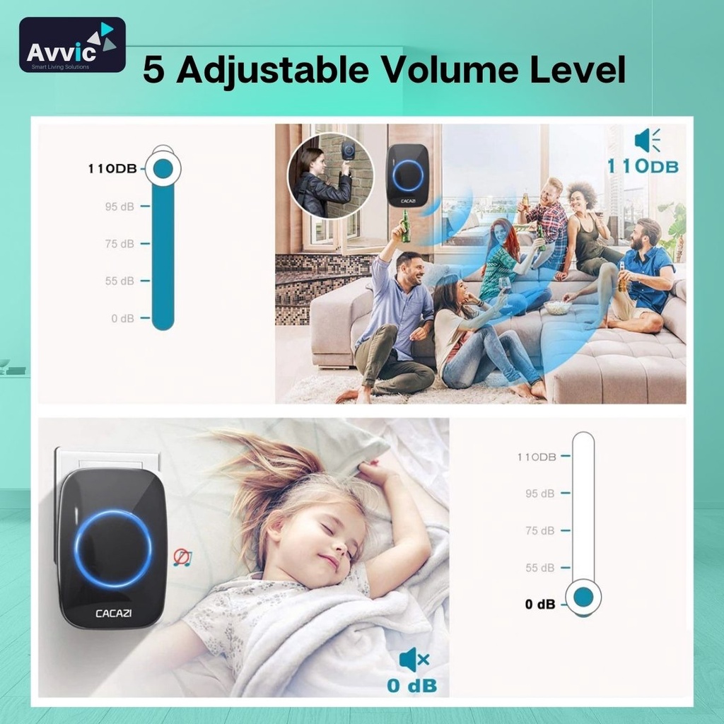 Avvic x Cacazi Bel Pintu Rumah Wireless LED 300M Waterproof IP44  2 Receiver 1 Transmitter Outdoor