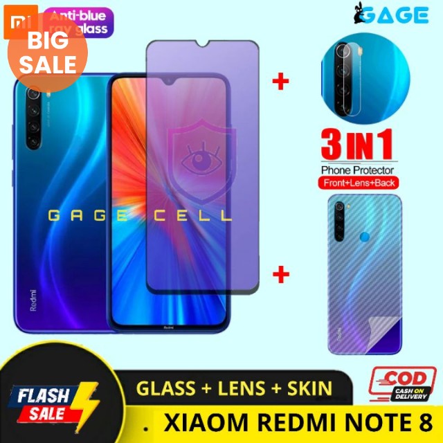 PAKET 3IN1- TEMPERED GLASS ANTI RADIASI BLUE LIGHT XIAOMI REDMI NOTE 8 FULL LAYAR KAMERA SKIN CARBON