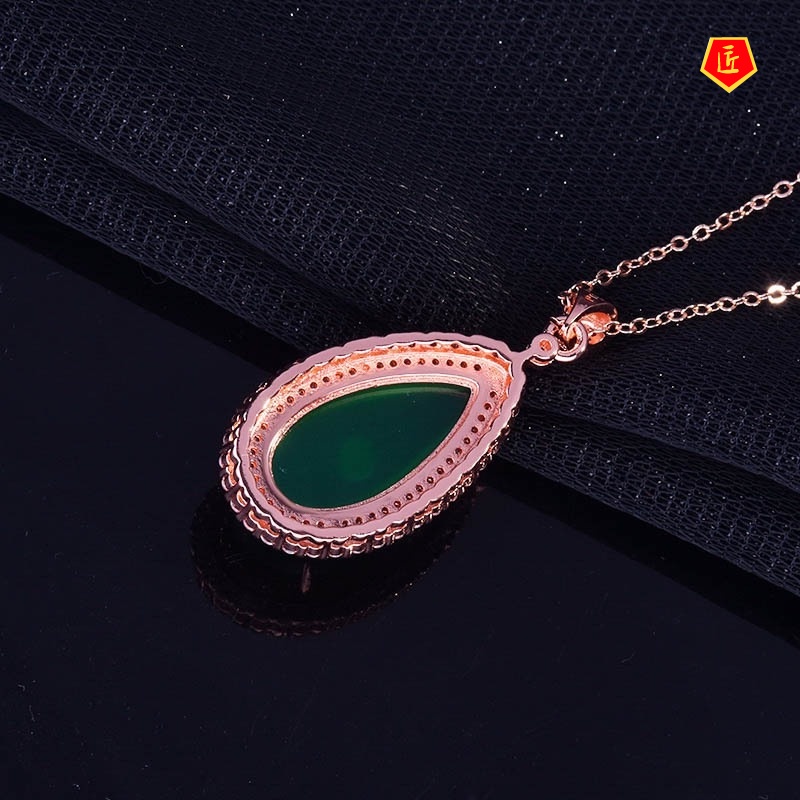 [Ready Stock]Micro-Inlaid Diamond Chalcedony Pendant 18K Rose Gold Necklace Women's Elegant Fashion