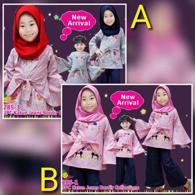 3-4th 285 Little Pineapple Baju Pakaian Set Setelan Muslim Anak Perempuan Celana Kulot Jeans