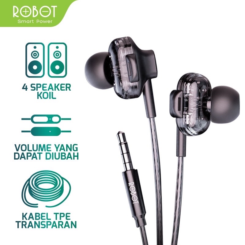 ROBOT Headset Robot RE30 Wired  Earphone Bass Android iPhone Original - Garansi 1 Tahun