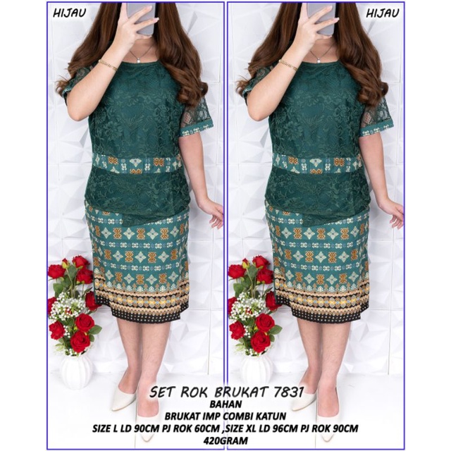 Setelan rok hijau 7831v natal brukat import