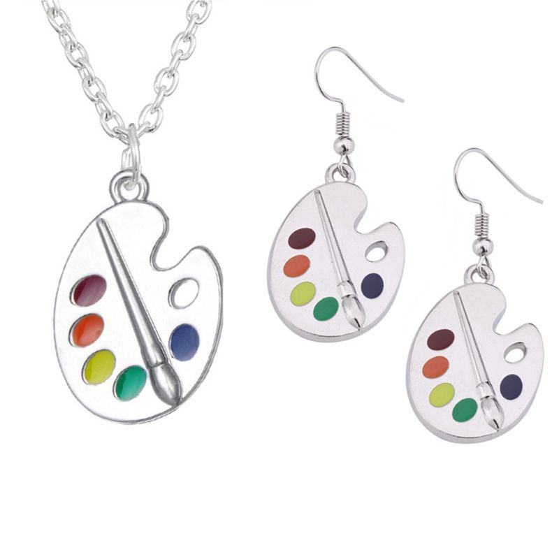 SIY  1 Set Paint Brush And Colorful Paint Palette Drop Earrings Necklace Jewelry Set Artist Painter Women Fashion Jewelry