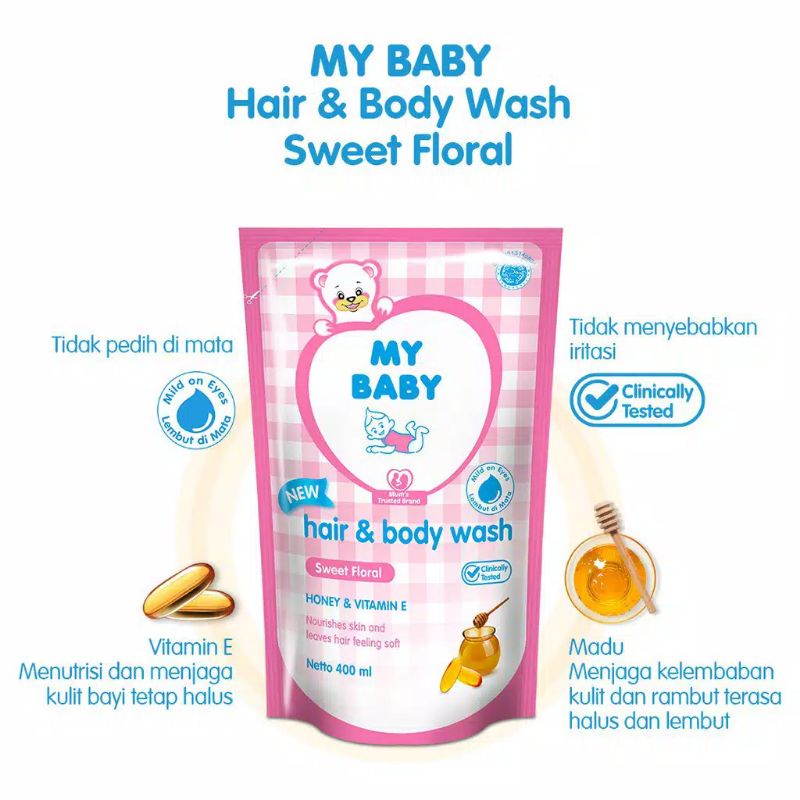 MY BABY Milk Bath Sweet Floral 400ml Refill Sabun Cair Bayi Susu &amp; Gandum My Baby Sabun Mandi Bayi 200ml Botol