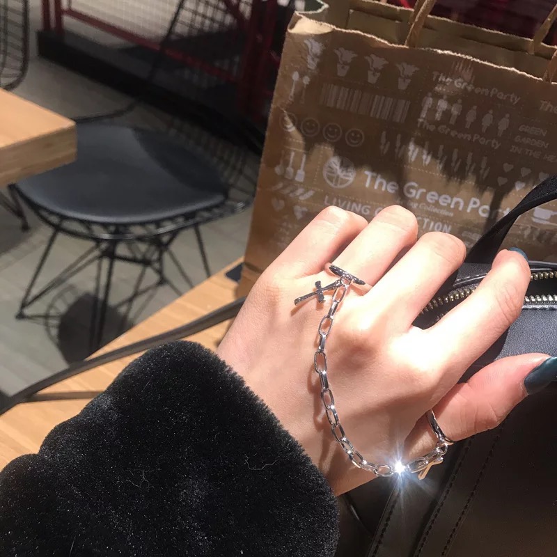 INS Style Simple Chain Cross Combination Ring / Punk Hip-Hop Integrated Ring / Cross Opening Ring Set  Men And Women Trend Jewelry