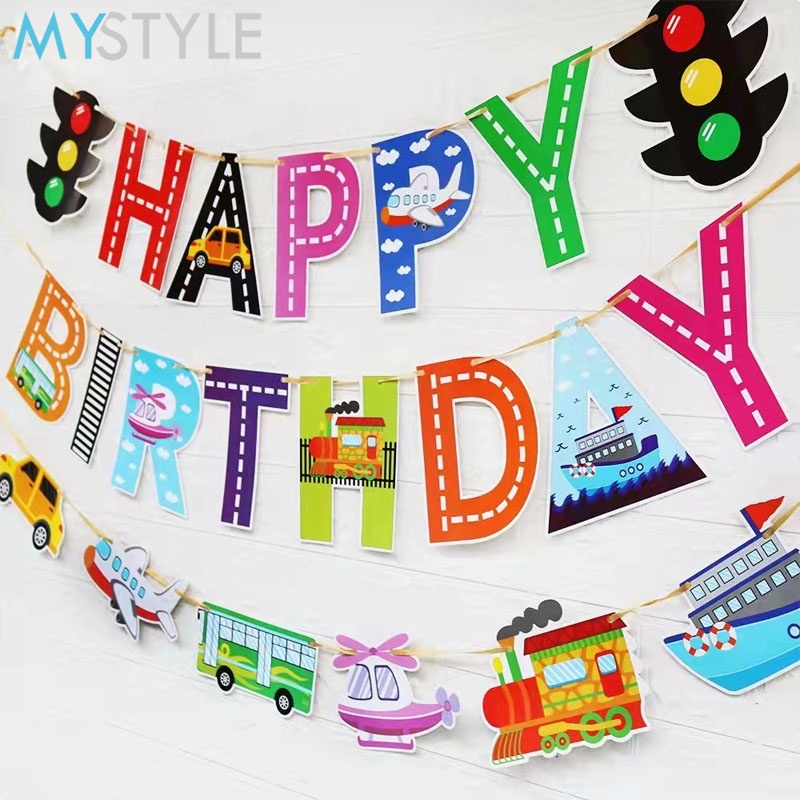 HAPPY TIME BANNER TRAFFIC LIGHTS TRANSPORTASI MOBIL PESAWAT KAPAL KERETA LAMPU MERAH DEKORASI ULANG TAHUN TULISAN HAPPY BIRTHDAY