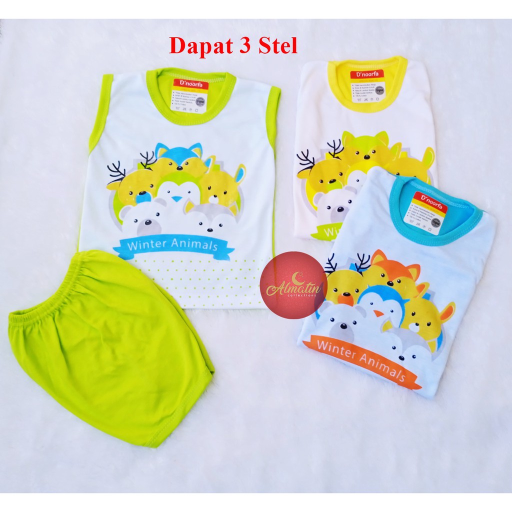 3 Pcs Setelan Baju Bayi Murah Lengan Kutung D noorfa. 0-8 Bulan. Bahan Lembut &amp; Adem, Harga Konveksi