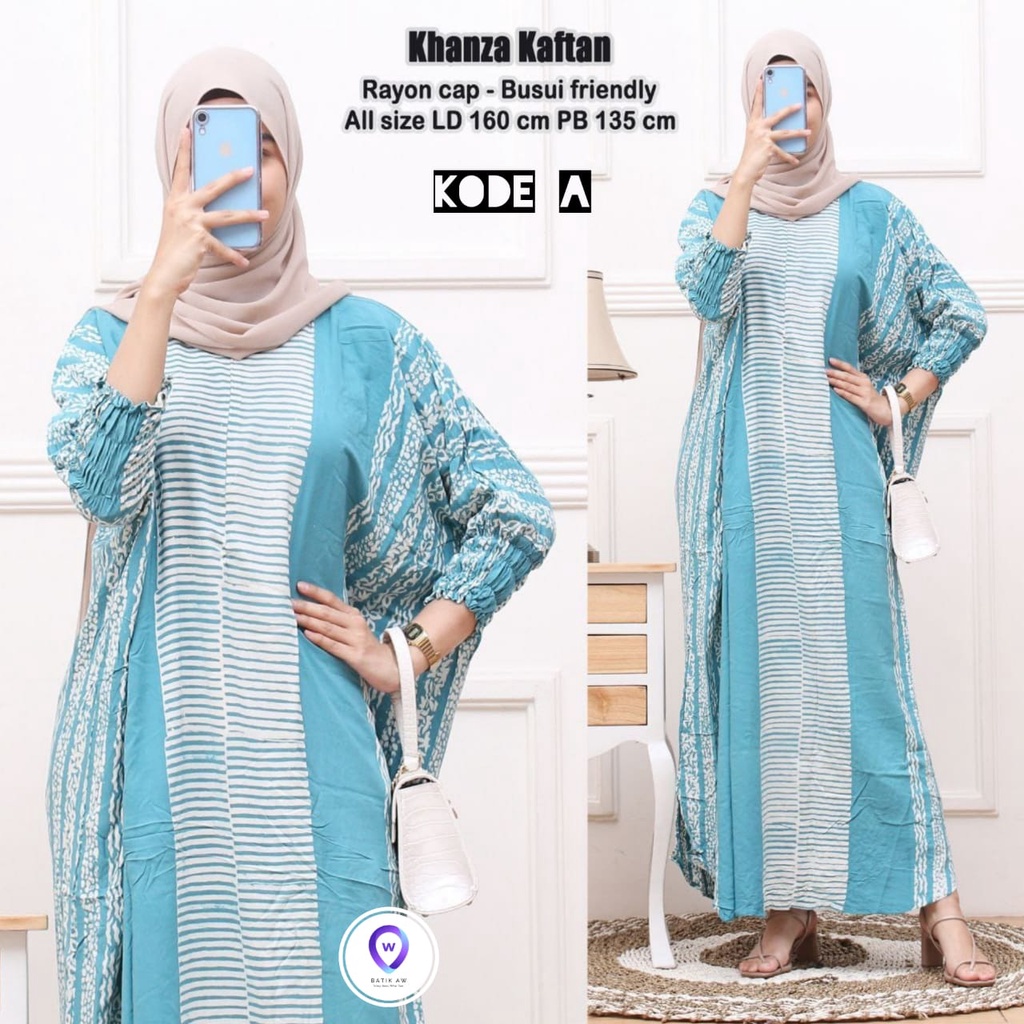 Khanza Kaftan Wanita Size Jumbo XXXXL Motif Batik Cap Encim Soft Color Busui Resleting Lengan 3/4 Rayon Tebal Gamis Arabian Kaftan