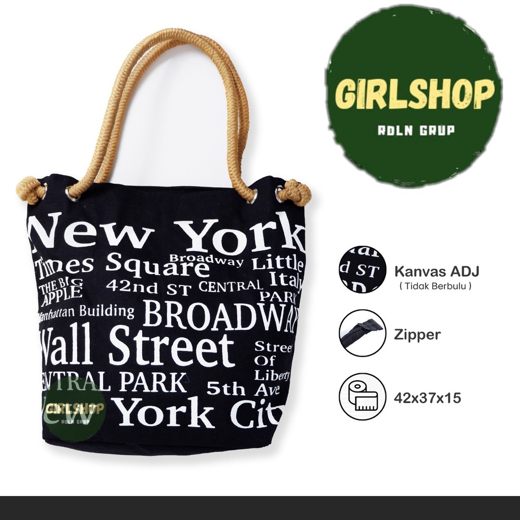 New York Tote Bag Kanvas Tali Sumbu Motif