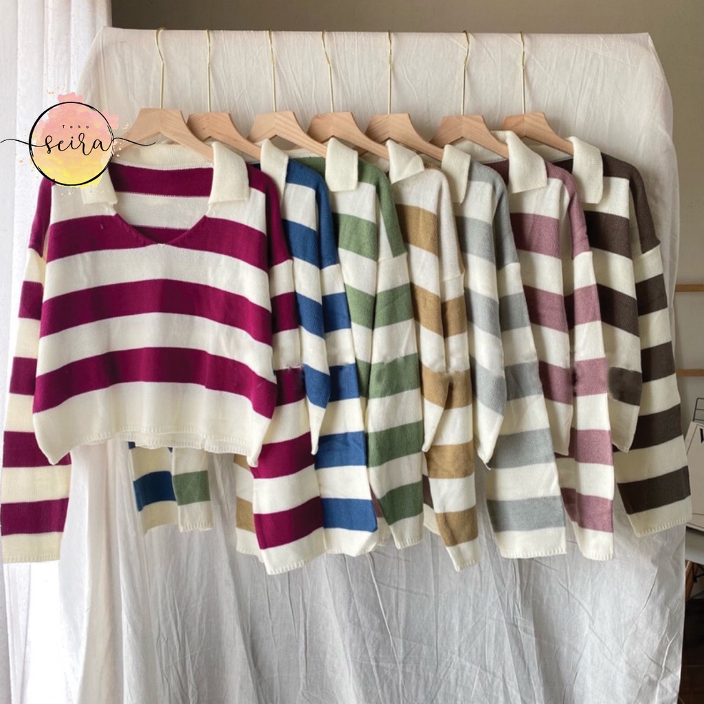 [BISA COD] Crop Rajut Alda Strip / Sweater Fuji Rajut Motif Garis / Thania Blaster Sweater / Tebal Blaster Thania / Polo Stripe Rajut / Crop Fuji / Fuji Crop Top Stripe