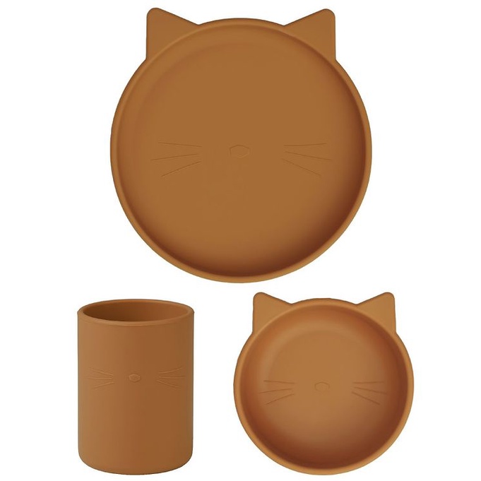 Liewood Cyrus Dinner Set Silicone - Cat Mustard - Dinnerset 3 Pack Plate Bowl and Cup - Gift Kado Hadiah Anak