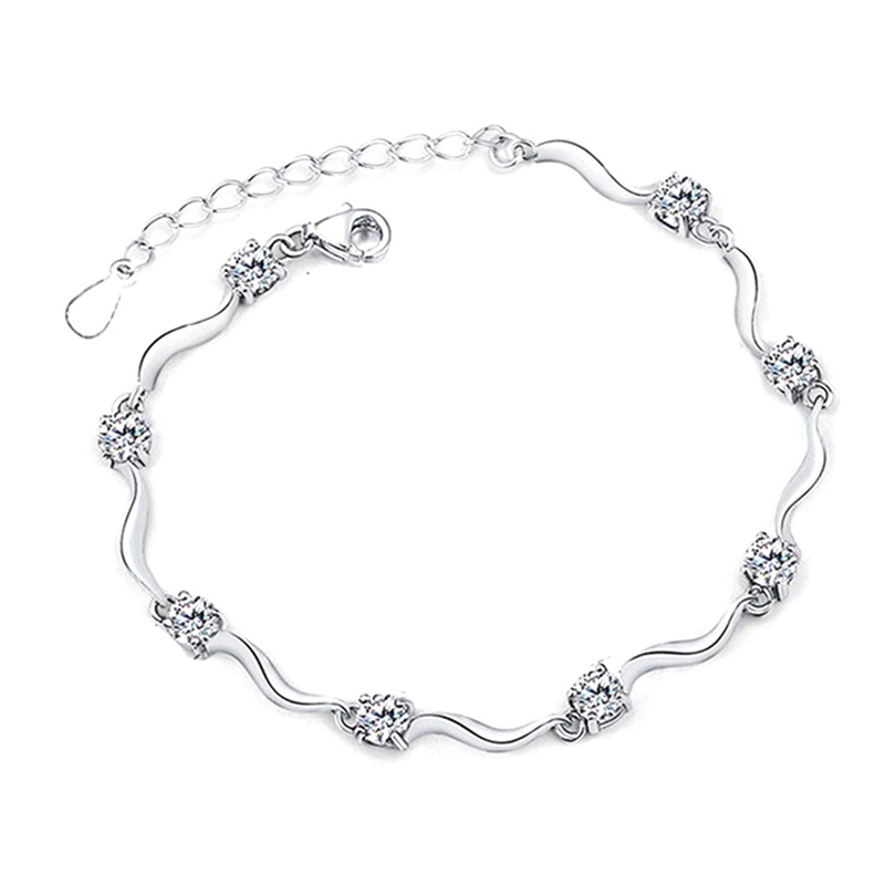 Gelang 925 Sterling Silver Aksen Zirconia Putih Shiny Untuk Wanita