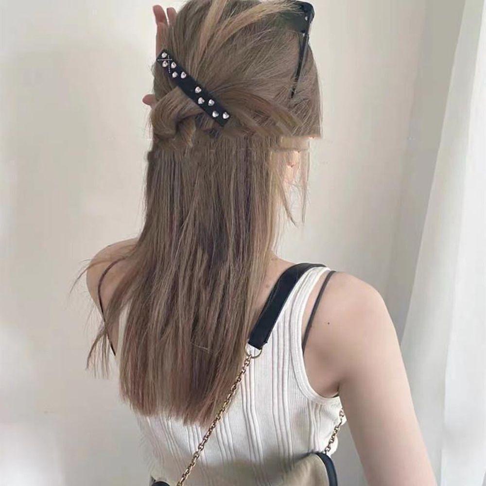 Needway Fashion Rambut Klip Gadis Manis Asetat Lembaran Poni Jantung Berlian Imitasi Bentuk Ponytail Dekorasi Wanita Satu Kata Klip