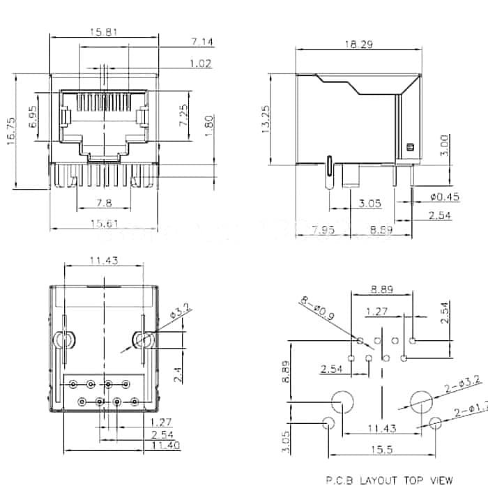 Konektor RJ45 Female 8P8C PCB 8 Pin LAN