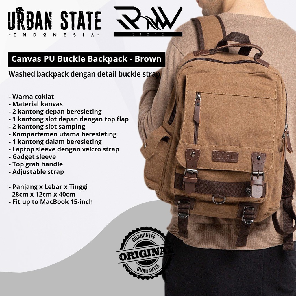 URBAN STATE Canvas PU Buckle Backpack - Brown
