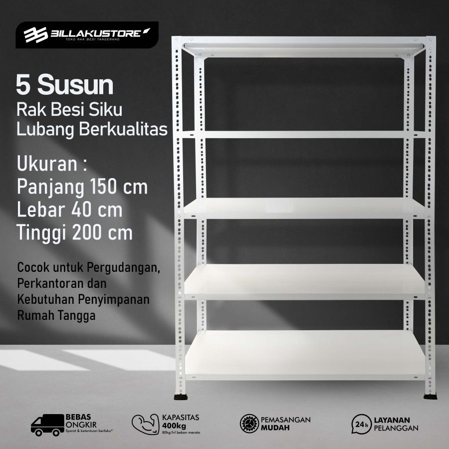 Rak besi siku lubang 150x40x200 5 susun ambalan knock down