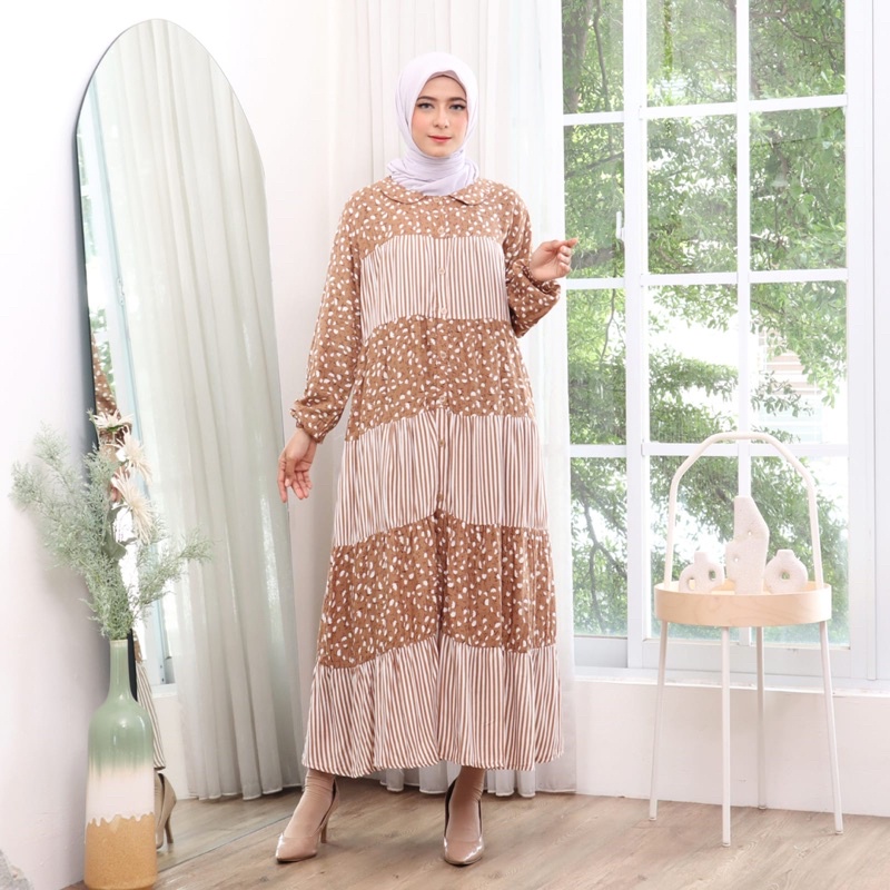 MIDI DRESS EDELWEIS RAYON TWILL LONG TUNIK SALUR POLKADOT ONDE WARNA KOMBINASI MURAH GAMIS MIDI ADEM