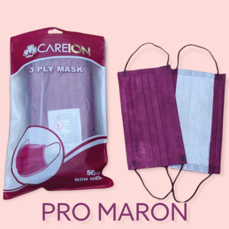 READY MASKER EARLOOP CAREION CARE ION PRO MERAH MAROON TALI SENADA ISI 50 LBR PER PACK