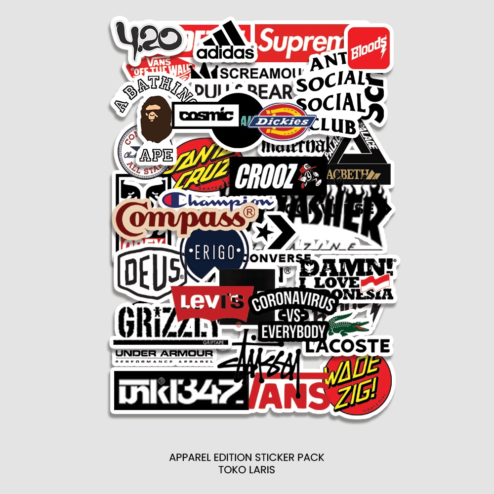 Sticker Pack 20 PCS Brand Apparel Untuk Laptop, Tumblr, Helm, Case | Sticker Laptop, Sticker Tumblr