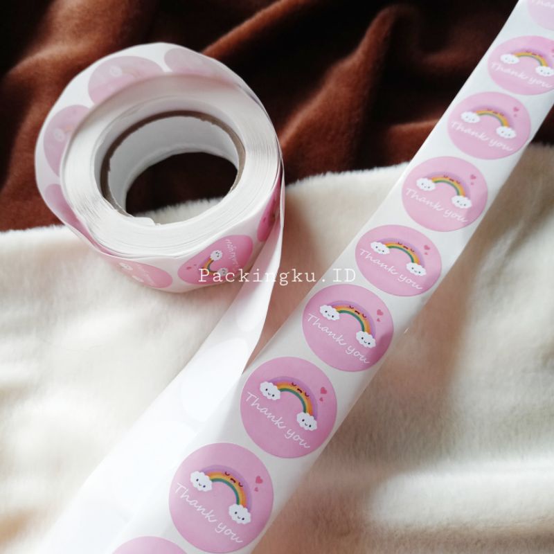 [Kecil 2.5cm] Sticker Label Thank You | Segel Roll 500 pc-Pink Rainbow