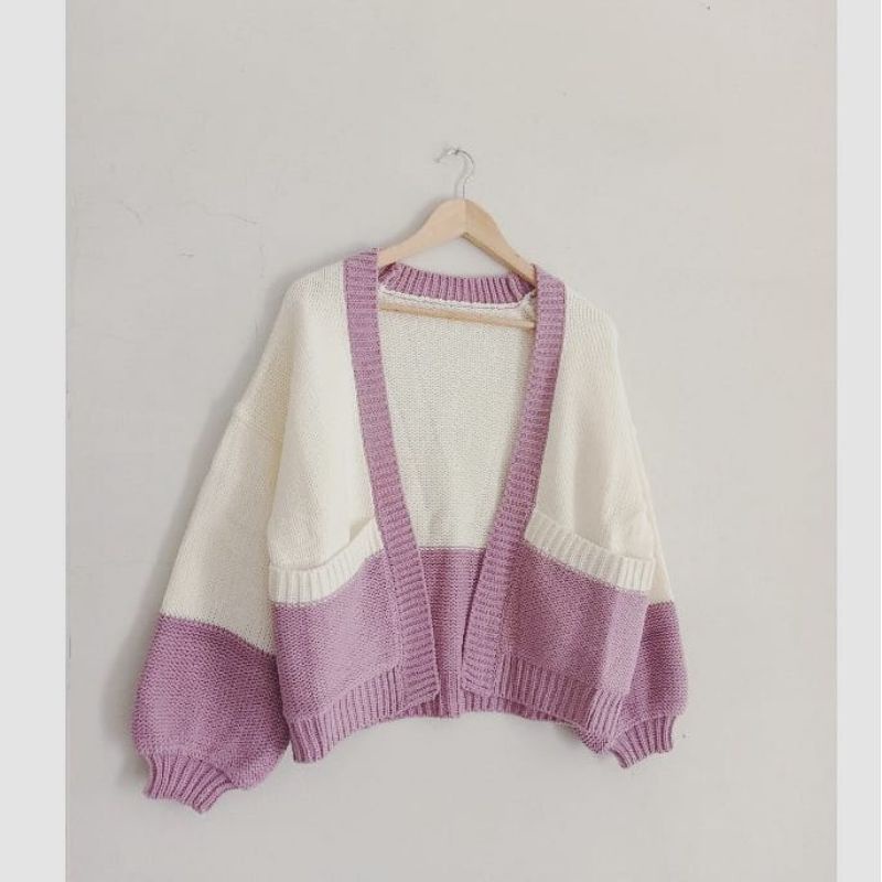 Cardigan Rajut Javie Pocky Kardigan Dante Outer Cardy Wanita Clarisa Mix-Putih / Purple
