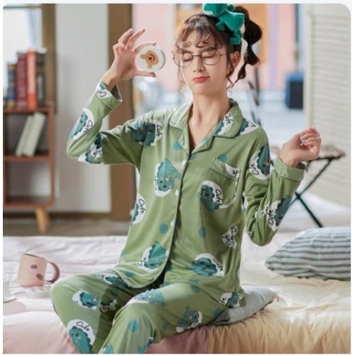 Piyama pp wanita | baju tidur lengan panjang wanita import spandek krah kancing-PpK DINO CUTE GREEN