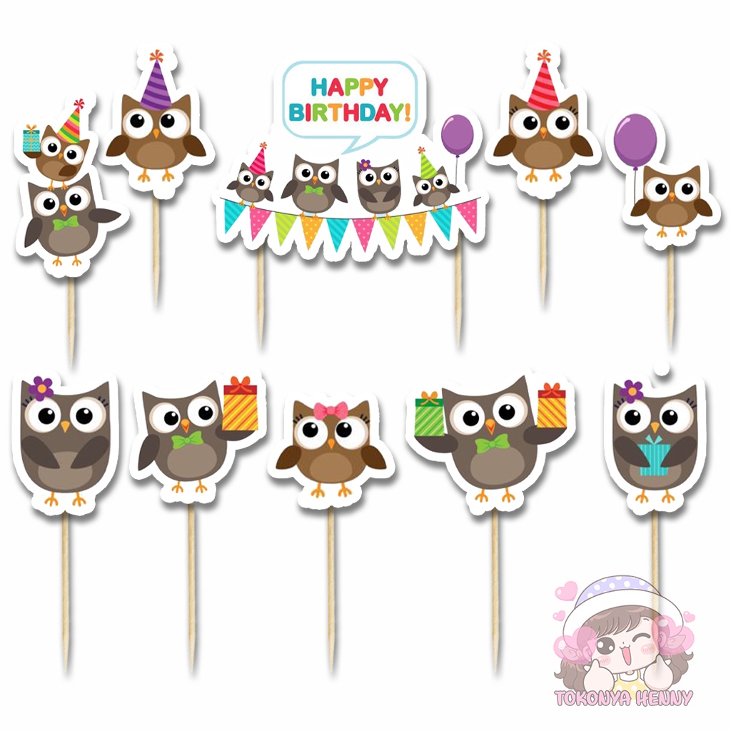 Topper Cake Hiasan Kue Ulang Tahun motif OWL BROWN Burung Hantu COKLAT Lucu
