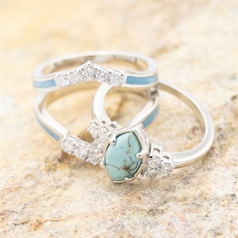 3pcs / Set Cincin Emas Multilayer Model Hollow Turquoise Untuk Wanita