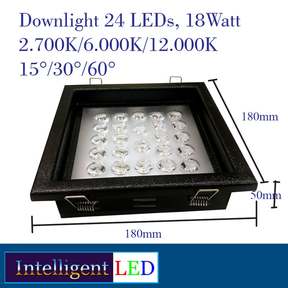 LED Downlight 24 LEDs 18W Square Black 2700K / 6000K / 12000K