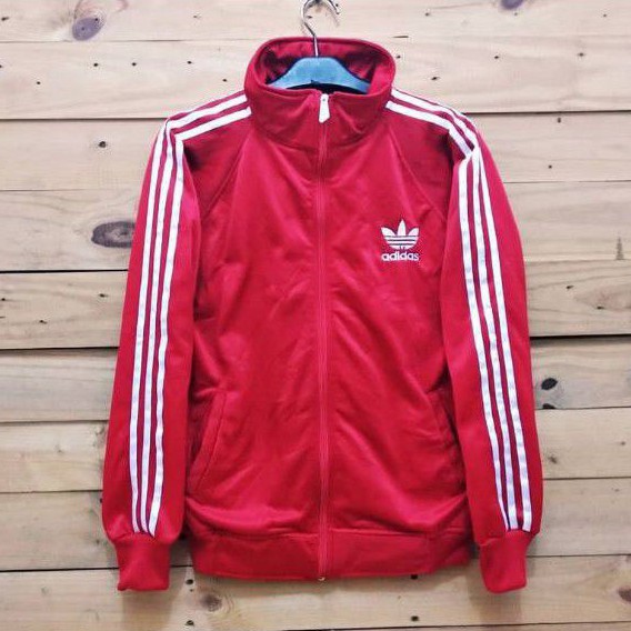 Jaket tracktop adidas merah list putih