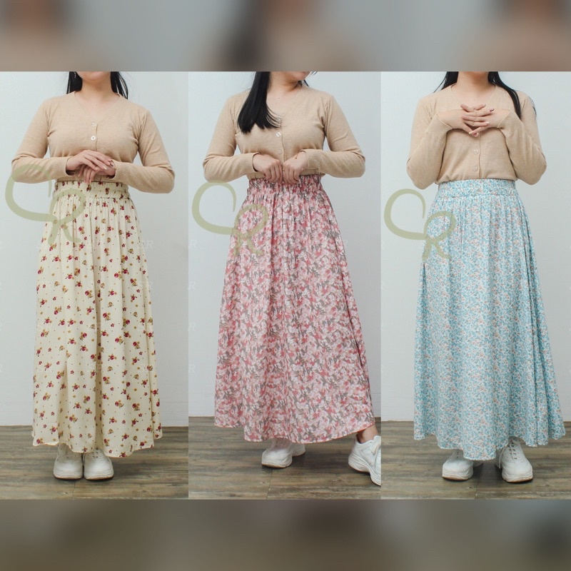 Rok Panjang Rayon Wanita Lebar Korean A-line Motif Floral Premium Ringan Dingin