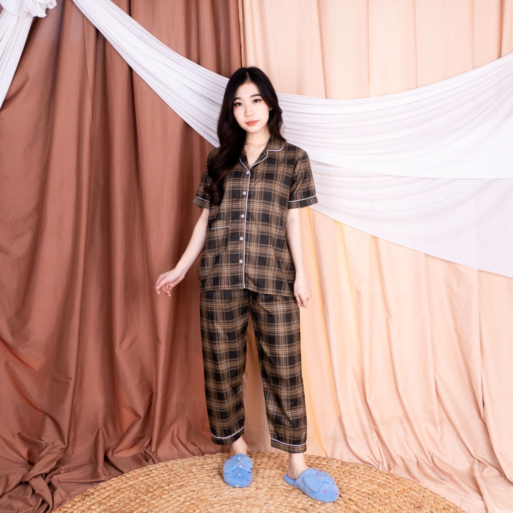 BJ - Piyama CP Wanita Kotak - Baju Tidur Lengan Pendek Katun Premium