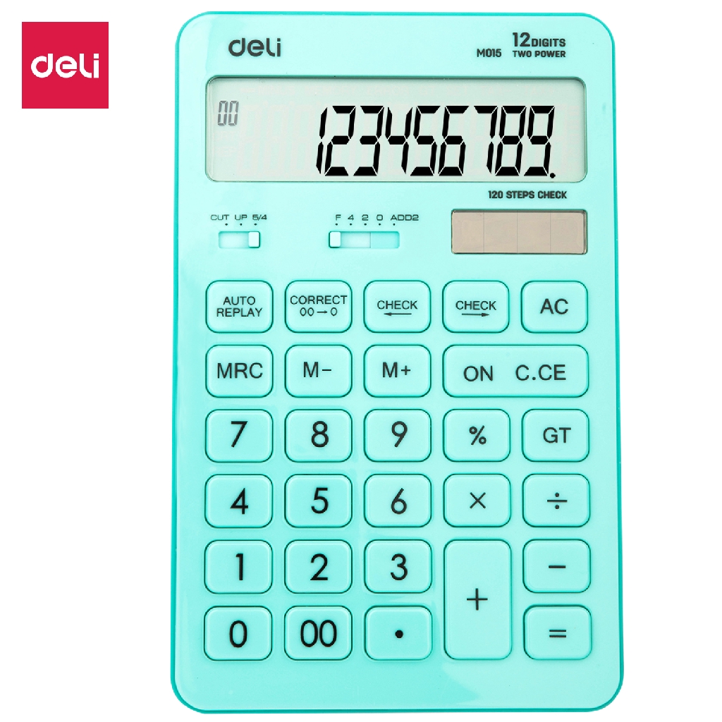 

Deli Kalkulator Plastik-12 digit desain modern, 120 langkah Dual power Biru EM01531