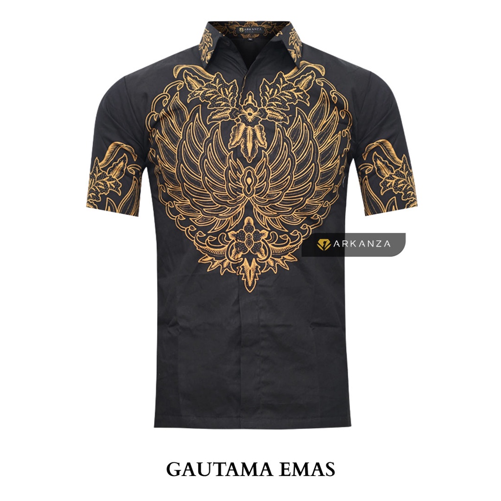 BATIK ARKANZA Motif GAUTAMA EMAS Hem Atasan Kemeja Baju Batik Pria Cowok Produsen Slimfit Full Lapis Furing Lengan Panjang Lengan Pendek Original Asli