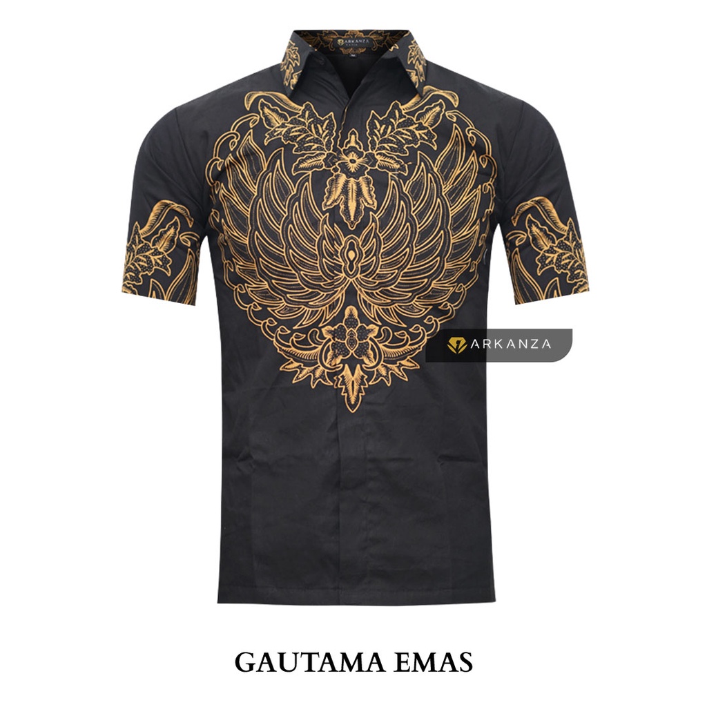 BATIK ARKANZA Motif GAUTAMA EMAS Hem Atasan Kemeja Baju Batik Pria Cowok Produsen Slimfit Full Lapis Furing Lengan Panjang Lengan Pendek Original Asli