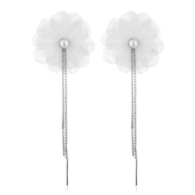 LRC Anting Tusuk Fashion Silver Flower-studded Tassel Earrings F33193