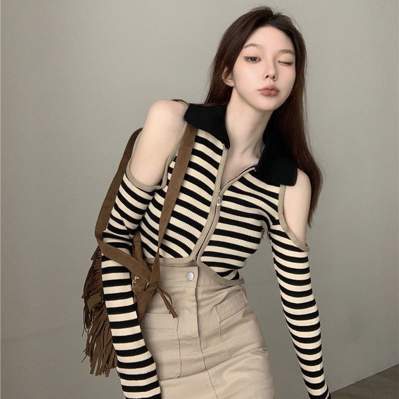 Red Hot girl off-the-shoulder rajutan cardigan top wanita musim gugur baru ramping polo kerah lengan panjang bergaris warna kontras pendek T-shirt