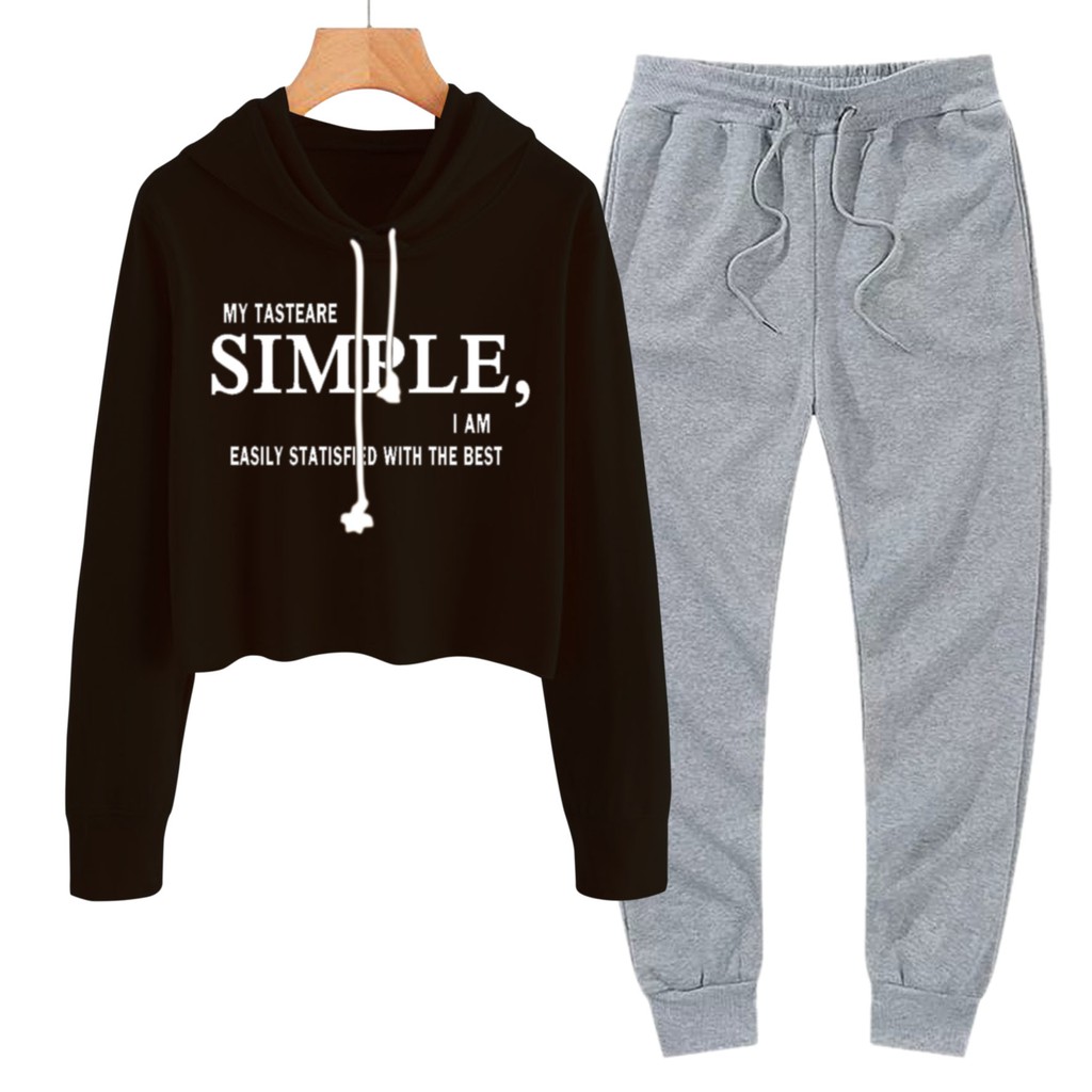 BESS - Baju Setelan Wanita Murah / Setelan Hoodie Crop + Jogger Abu - SIMPLE