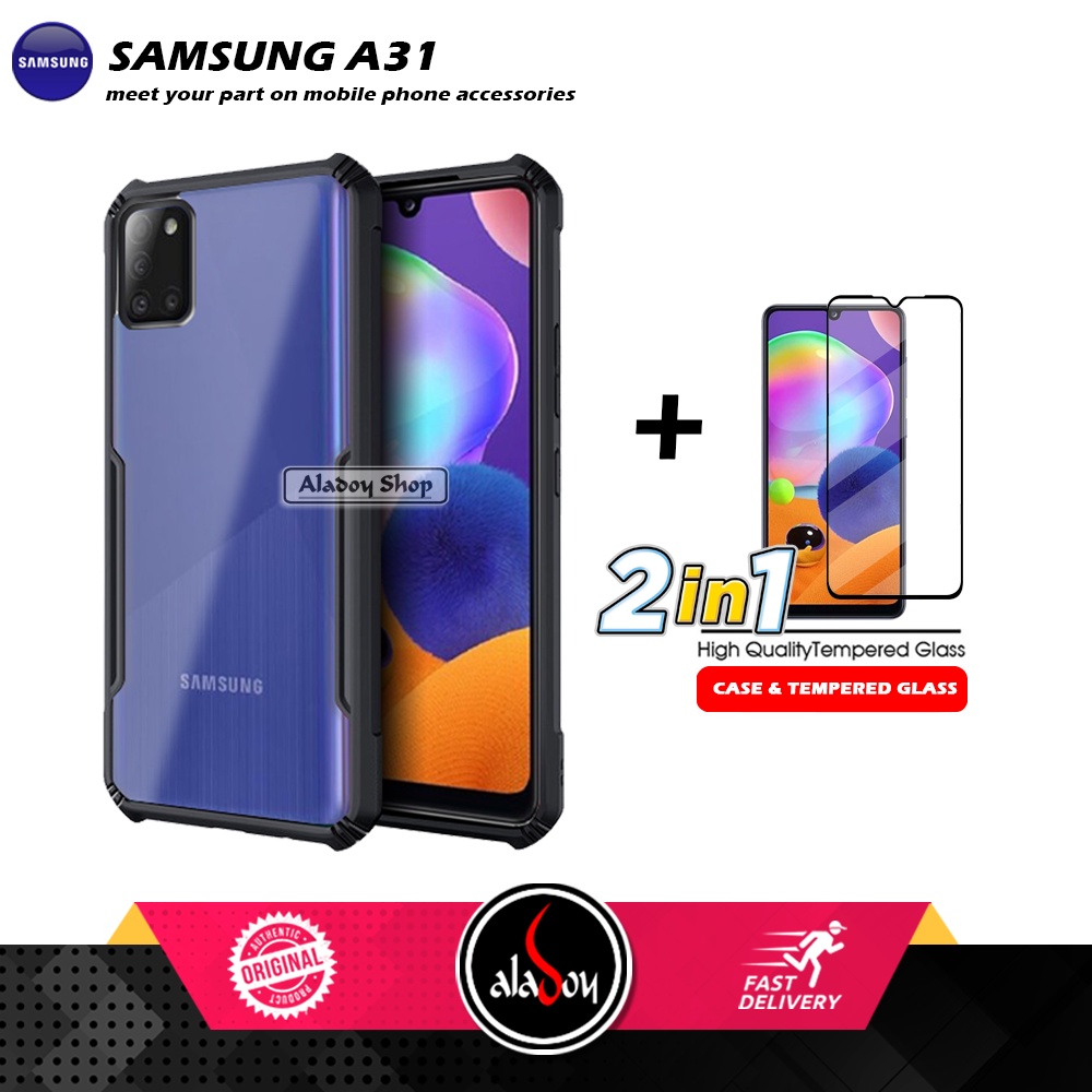 PAKET 2 IN 1 Case Samsung A31 Armor Fusion Transparent Prmium Casing Free Tempered Glass