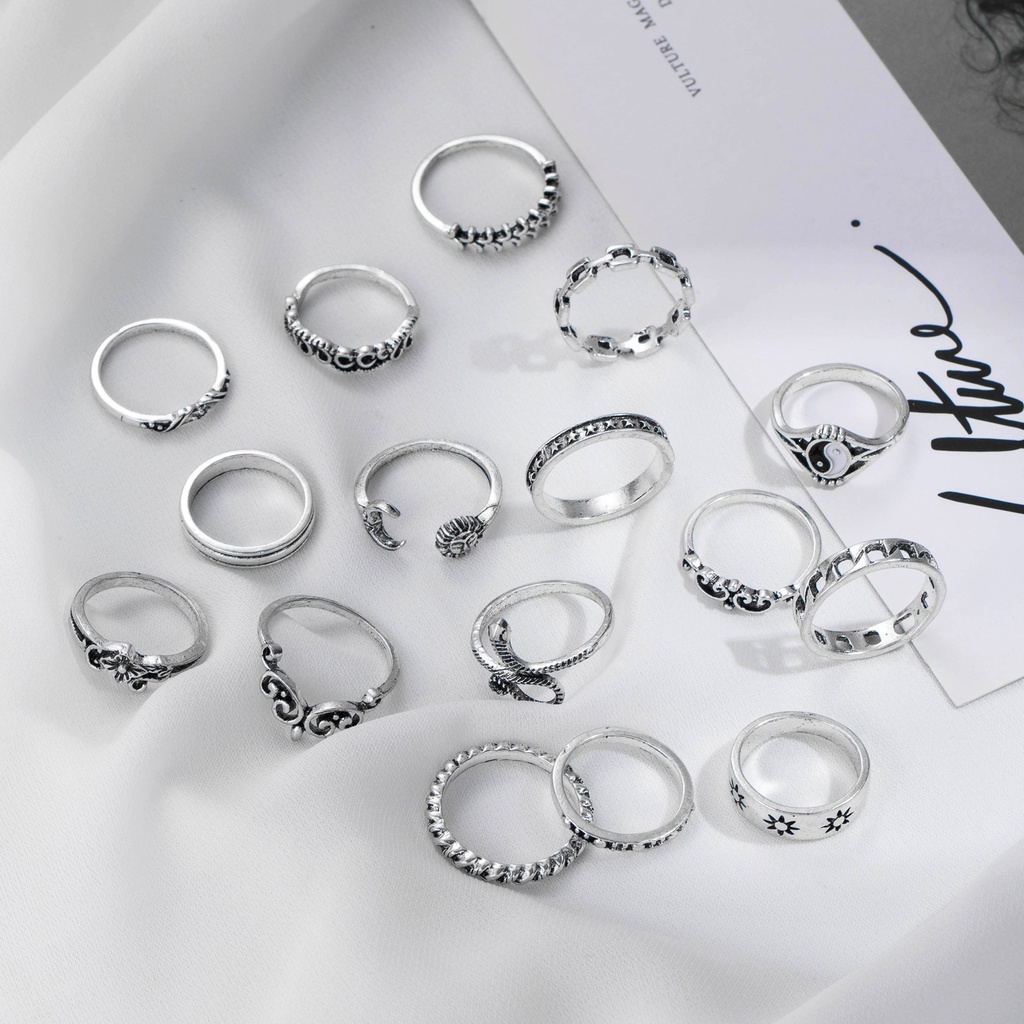 16pcs / Set Cincin Bentuk Ular Geometris Gaya Vintage Untuk Wanita