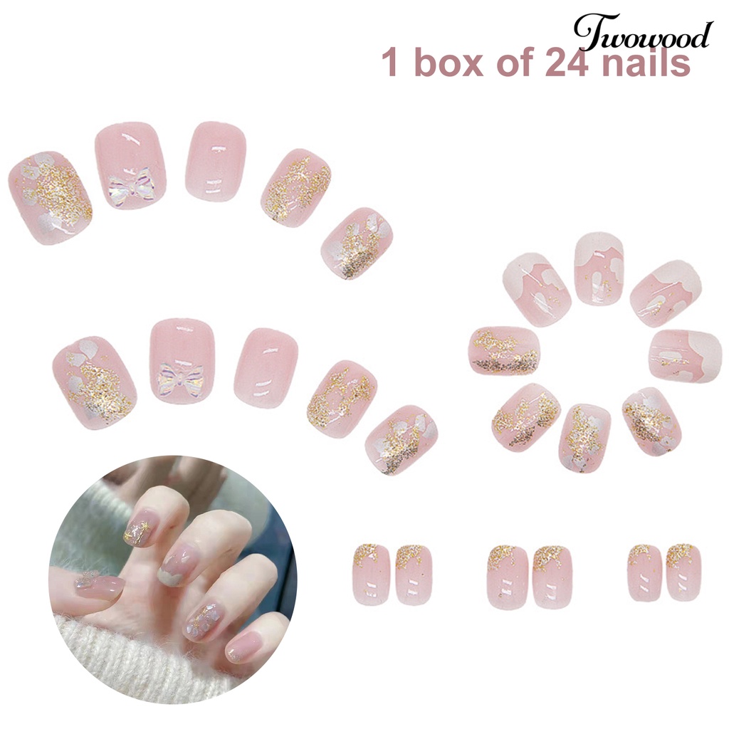 Twowood 24Pcs / Box Kuku Palsu Bahan ABS Aksen Pita + Berlian Imitasi Untuk Nail Art / Manicure Pemula