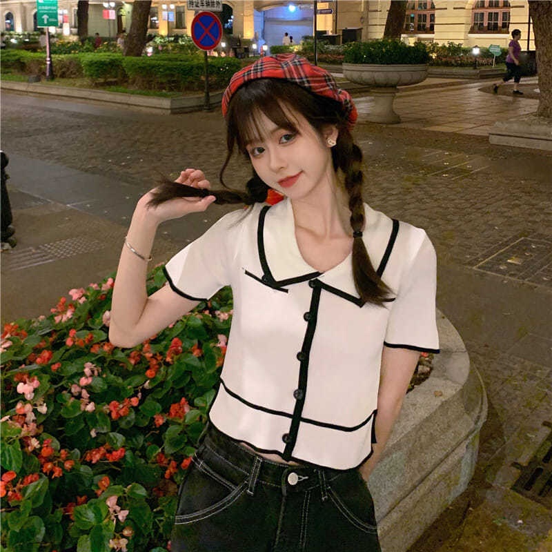 Nicebra Korean Collar Crop Top Atasan Kemeja Knit 4048