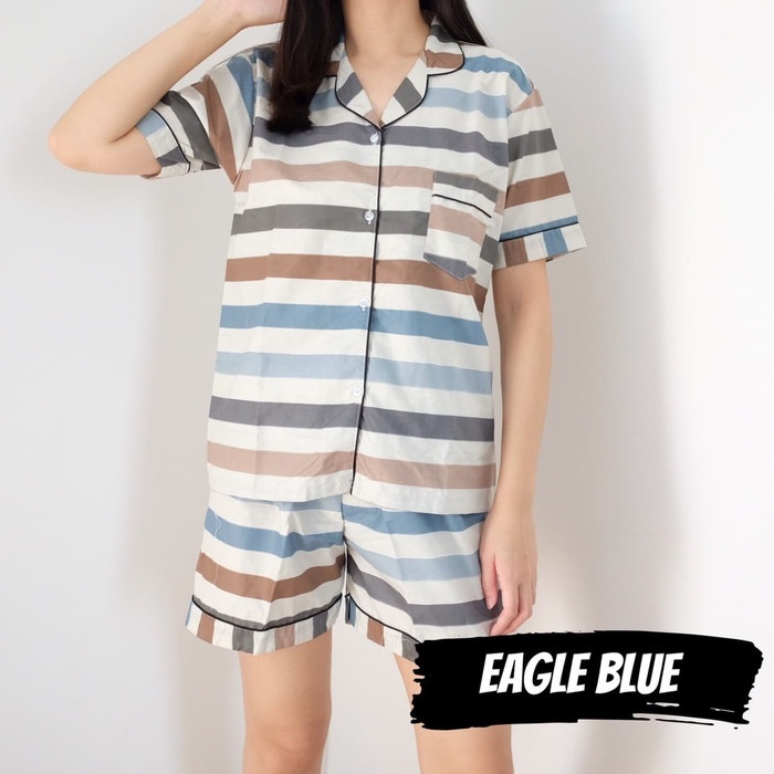TERLARIS CPD EAGLE BLUE piyama wanita ABG celana pendek katun halus adem garis
