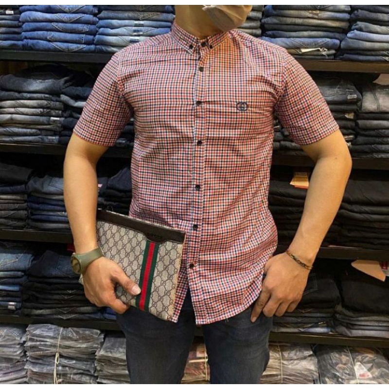 Promo Gratis Ongkir Kemeja KOTAK" Gucci Lengan Pendek Pria//Kemeja Pria Lengan Pendek//Kemeja Impor/