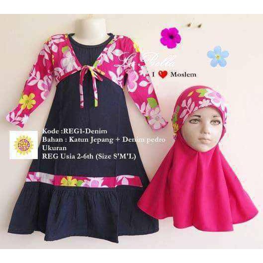 Labella Baju Gamis Anak Bahan Katun Jepang Denim Motif Bunga Pink