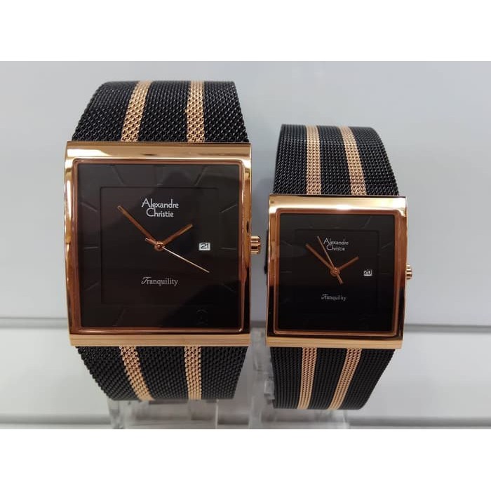 Jam Tangan Couple Alexandre Christie AC 8333 Black Combi Rosegold