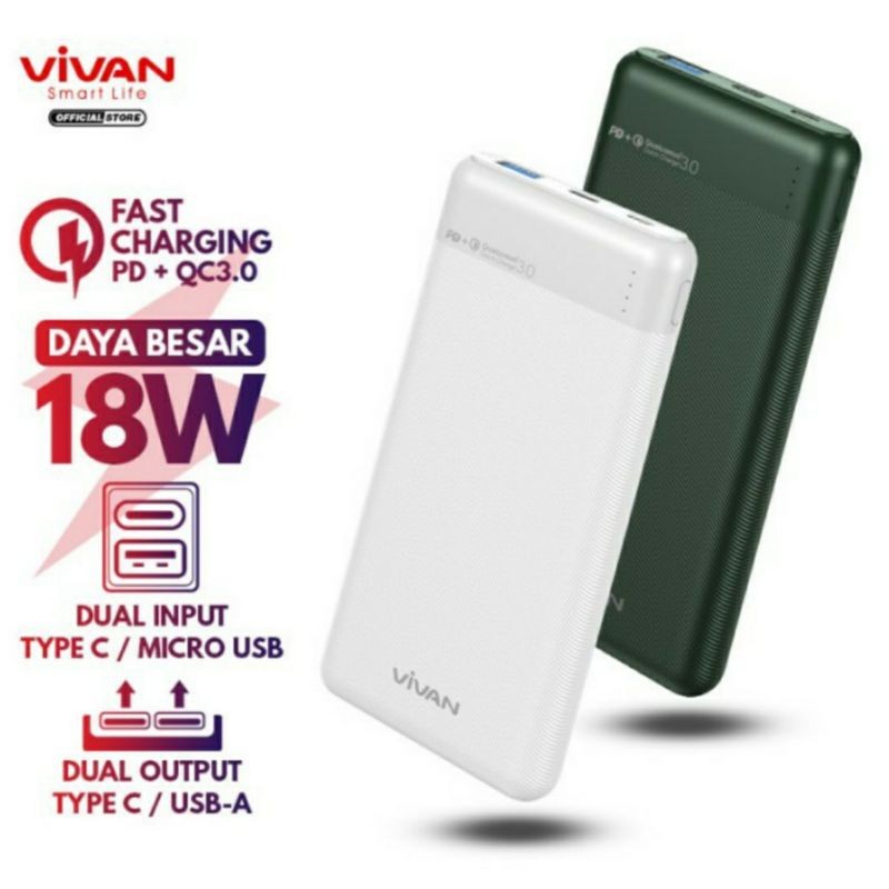 Powerbank 10000mAh Two Way Dual Output &amp; Input QC3.0 18W - Vivan VPB-M10