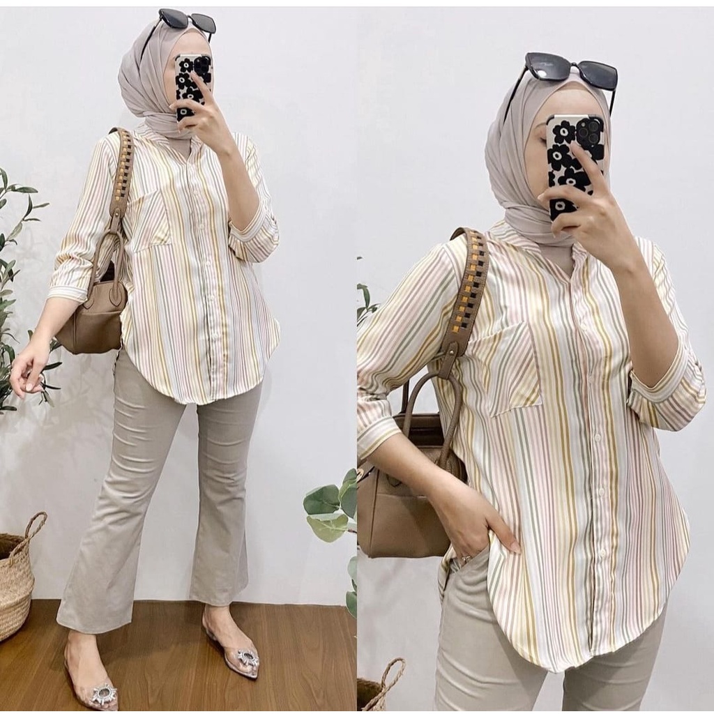 BEFAST - ZEC OOTD Kemeja Wanita TRISTA / Kemeja Rainbow / Atasan Lengan Panjang / Kemeja Wanita Casual / OOTD Remaja Wanita Kekinian / Kemeja Motif Garis-Garis / Keluaran Terbaru / Outfit Wanita Modis