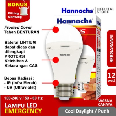 Hannochs Lampu LED Emergency Genius 12W Putih AC/DC 12 Watt Fitting