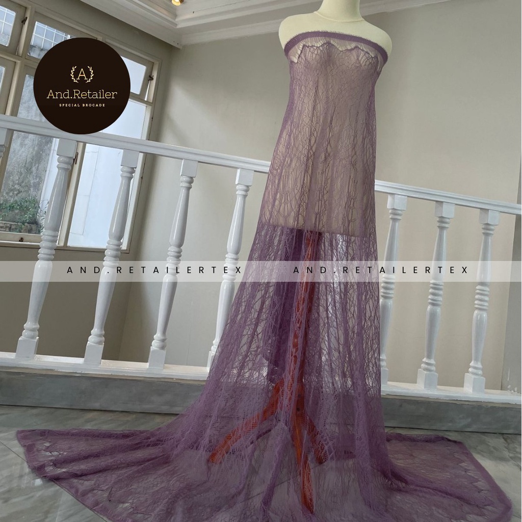 Bahan Kebaya Semi France Panel per 2,5m Lace Chantily Shantily Motif New Series Warna Dusty Purple